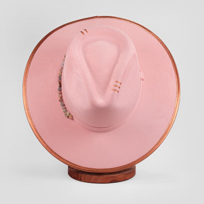 Aukala Hat Handcrafted Boho Rose Dawn Hat – Soft Blush Suede Fedora with Gold Trim & Beaded Accents