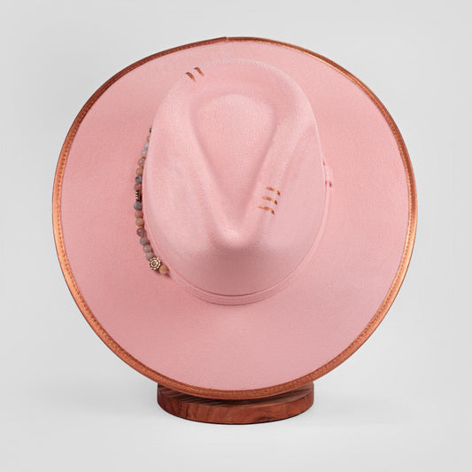 Aukala Hat Handcrafted Boho Rose Dawn Hat – Soft Blush Suede Fedora with Gold Trim & Beaded Accents