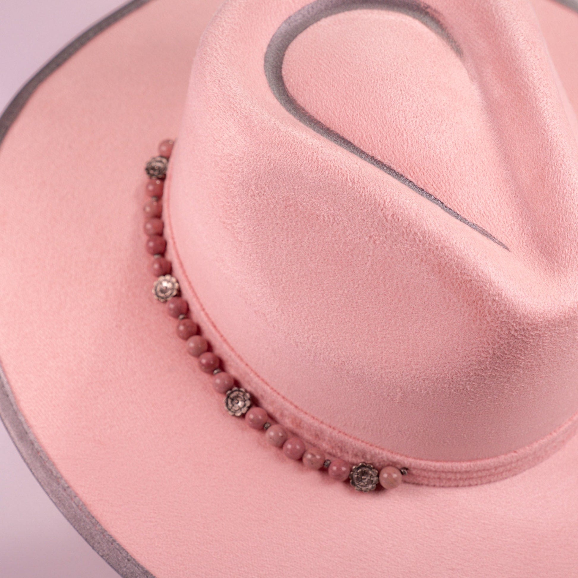 Aukala Hat Handcrafted Boho Rose Quartz Halo Hat – Soft Pink Suede Fedora with Silver Trim & Beaded Accent