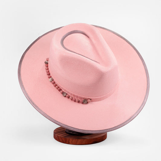 Aukala Hat Handcrafted Boho Rose Quartz Halo Hat – Soft Pink Suede Fedora with Silver Trim & Beaded Accent