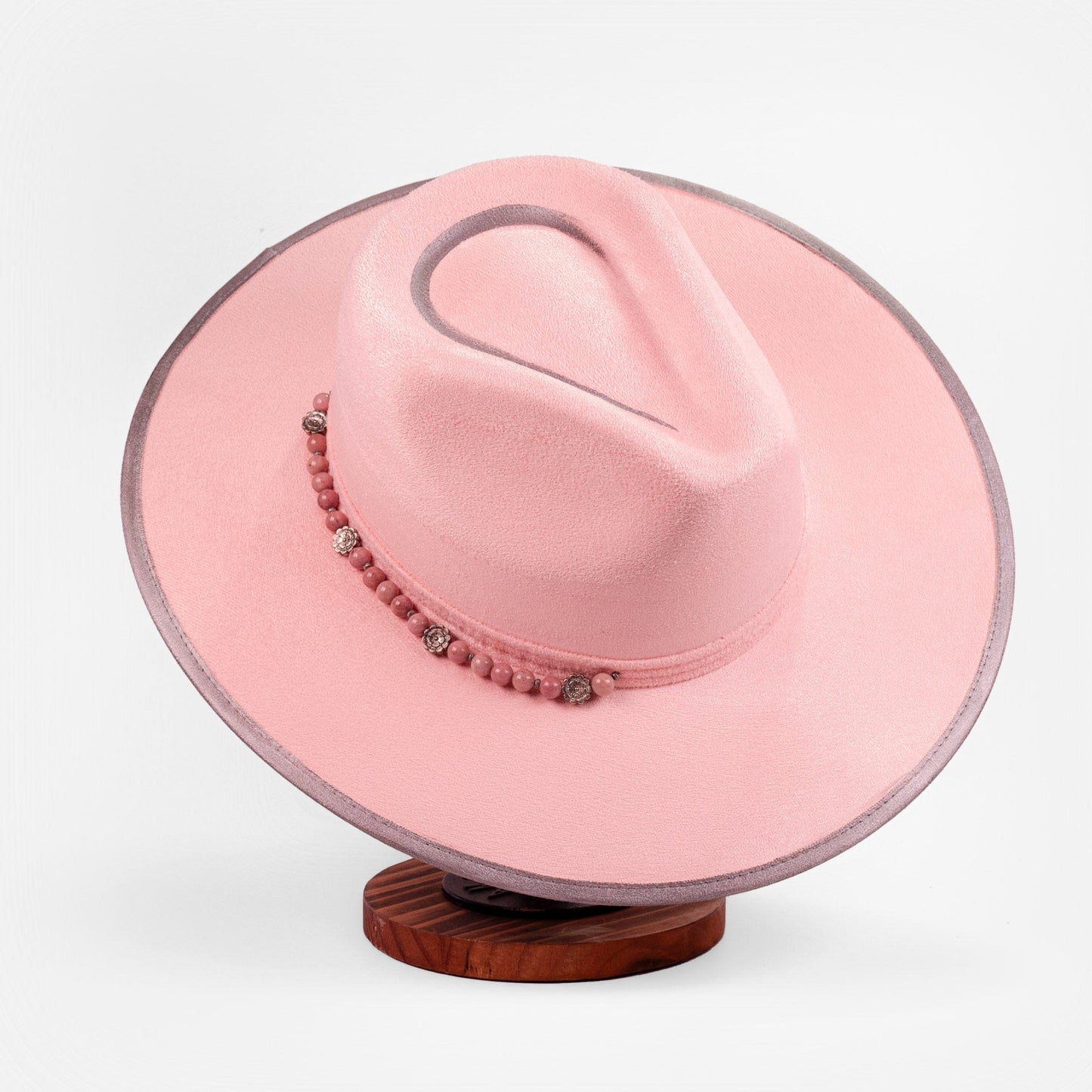 Aukala Hat Handcrafted Boho Rose Quartz Halo Hat – Soft Pink Suede Fedora with Silver Trim & Beaded Accent