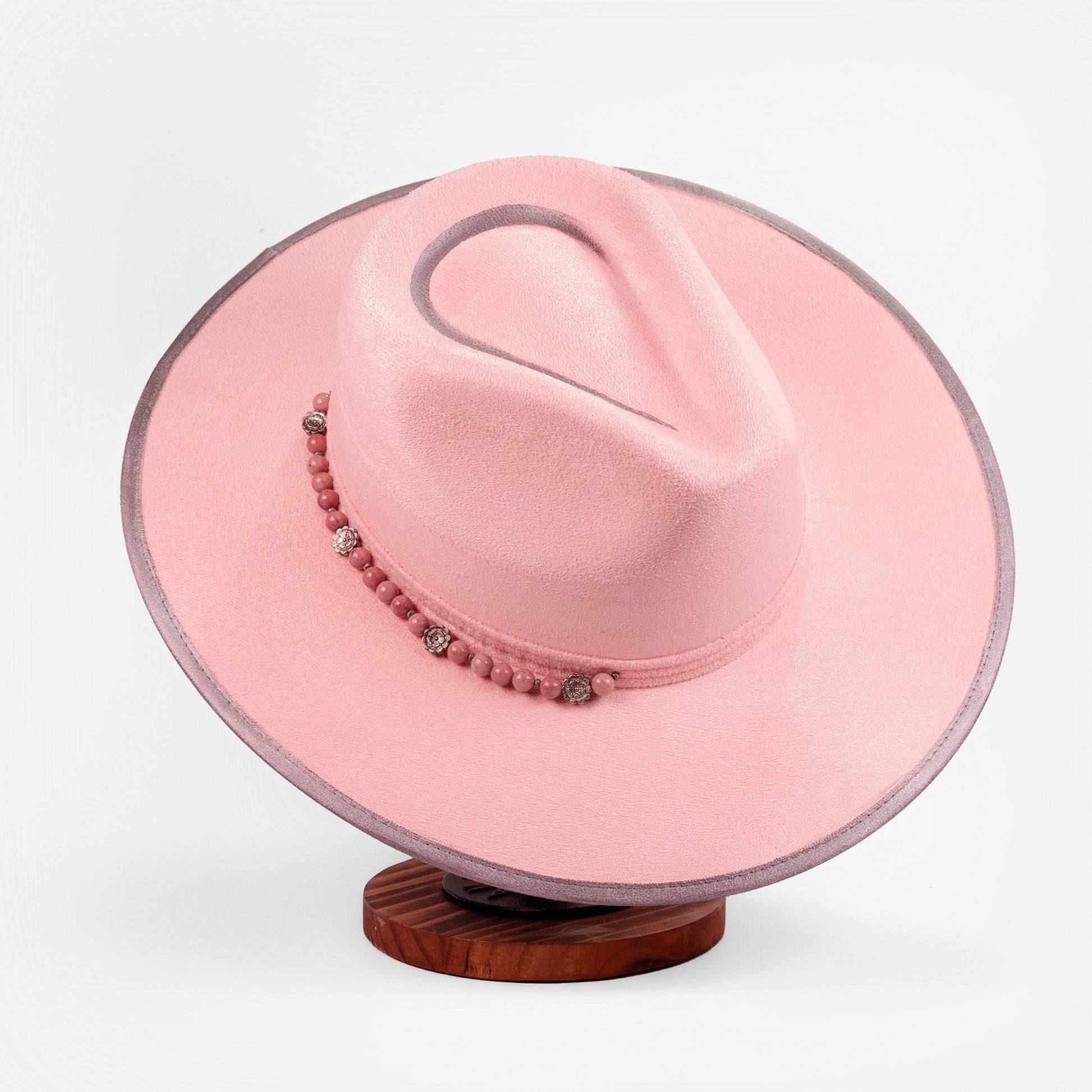 Aukala Hat Handcrafted Boho Rose Quartz Halo Hat – Soft Pink Suede Fedora with Silver Trim & Beaded Accent