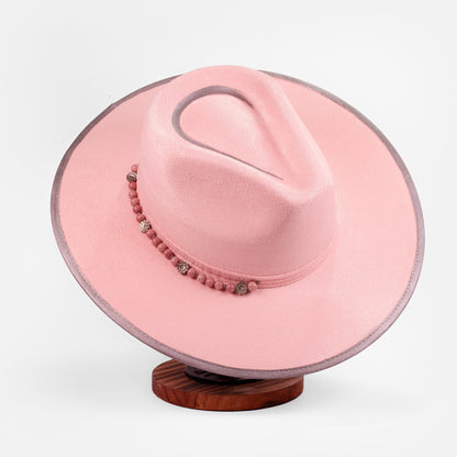 Aukala Hat Handcrafted Boho Rose Quartz Halo Hat – Soft Pink Suede Fedora with Silver Trim & Beaded Accent