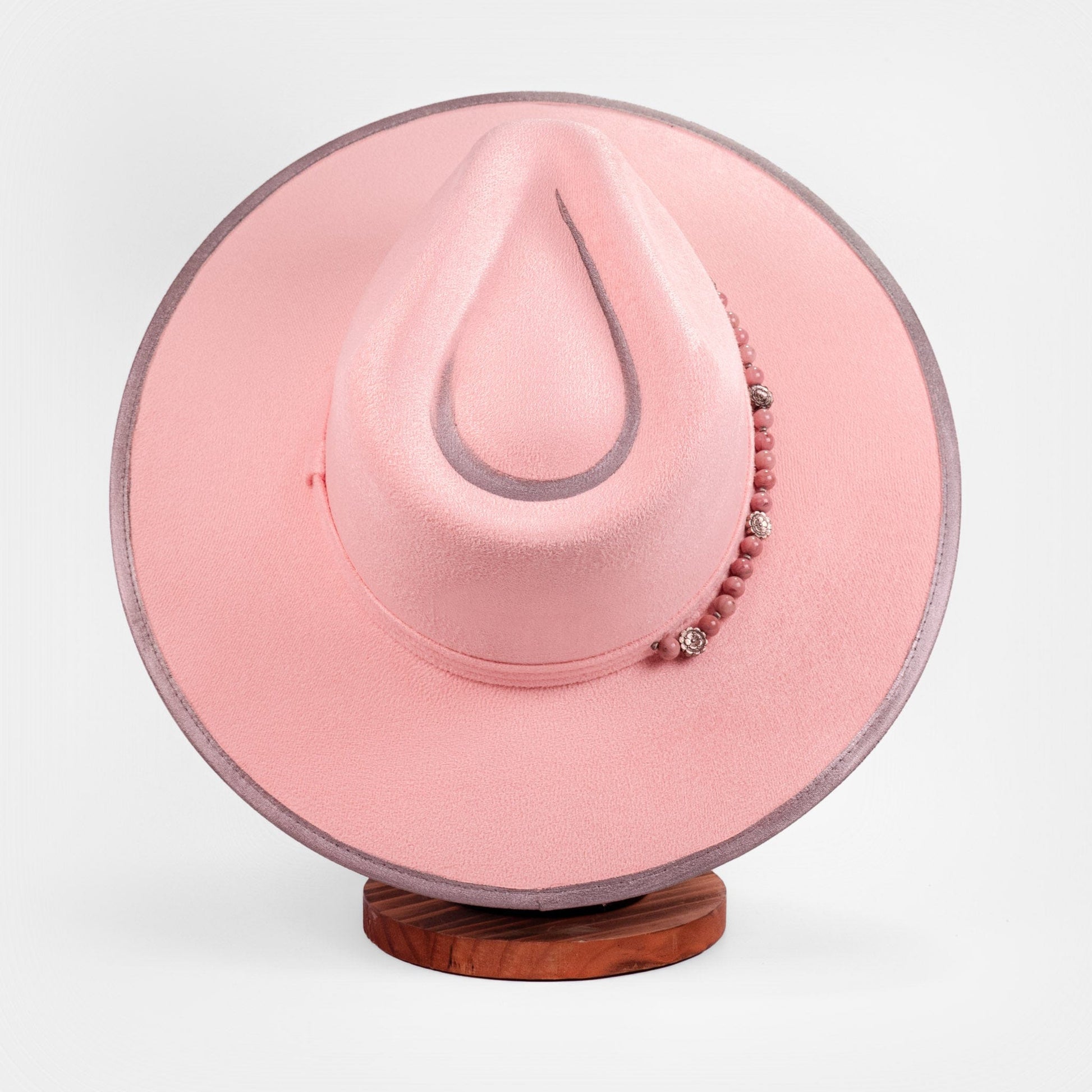Aukala Hat Handcrafted Boho Rose Quartz Halo Hat – Soft Pink Suede Fedora with Silver Trim & Beaded Accent