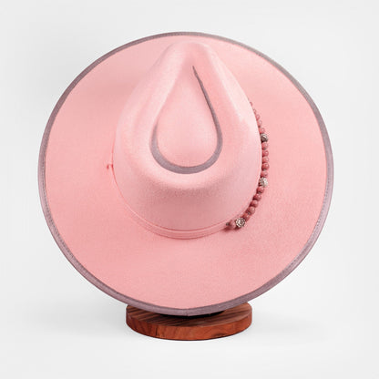 Aukala Hat Handcrafted Boho Rose Quartz Halo Hat – Soft Pink Suede Fedora with Silver Trim & Beaded Accent