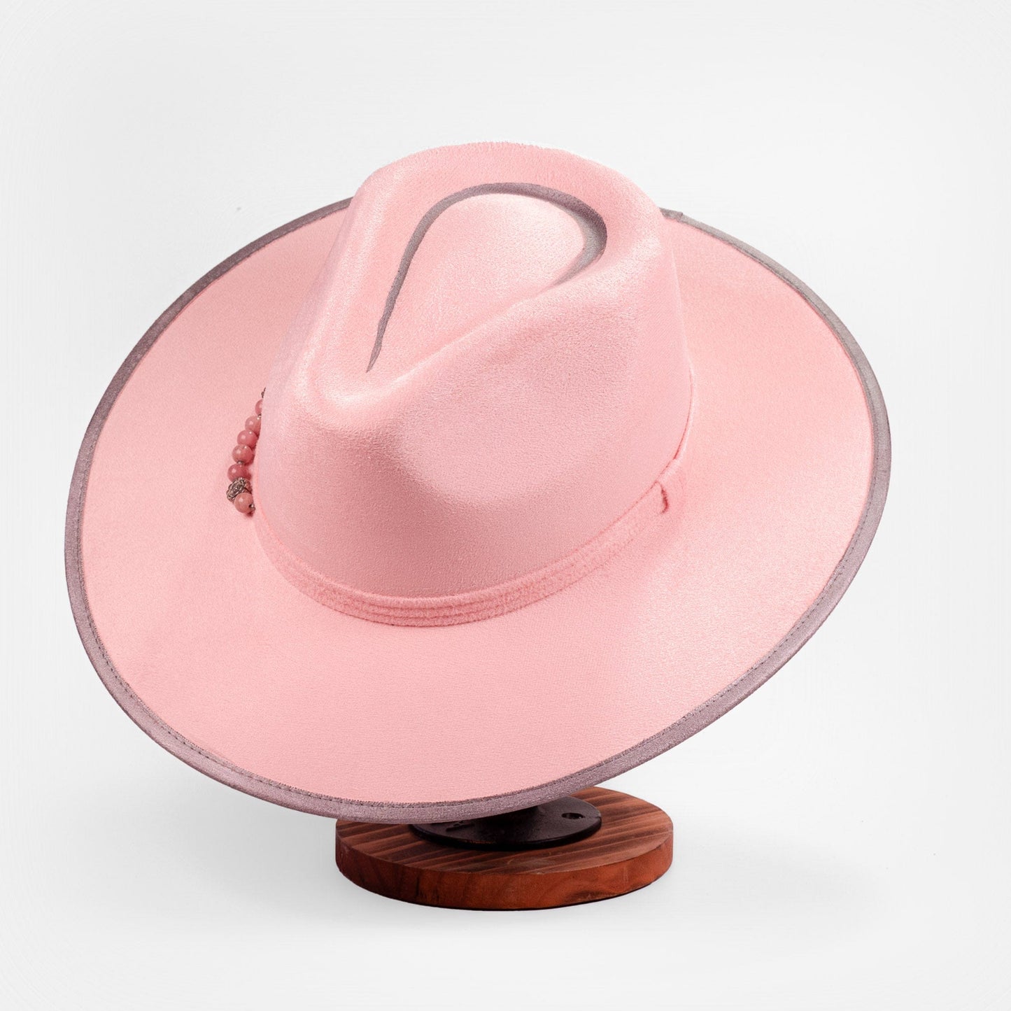 Aukala Hat Handcrafted Boho Rose Quartz Halo Hat – Soft Pink Suede Fedora with Silver Trim & Beaded Accent