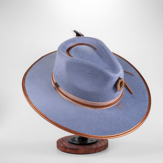 Aukala Hat Handcrafted Boho Sky Hat – Denin Suede Fedora with Gold Trim