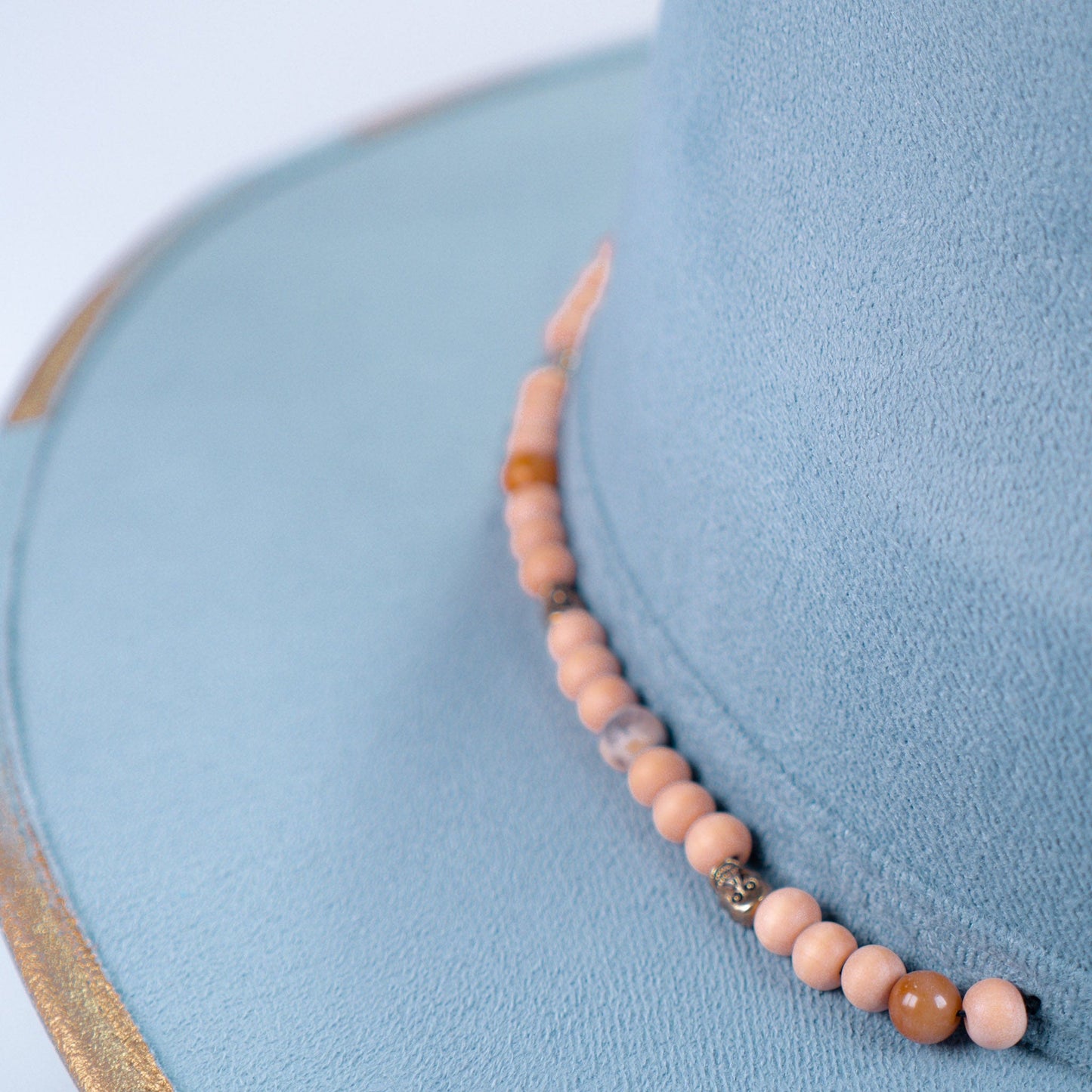 Aukala Hat Handcrafted Boho Skyway Hat – Serenity Blue Suede Fedora with Beaded Accents & Gold Details
