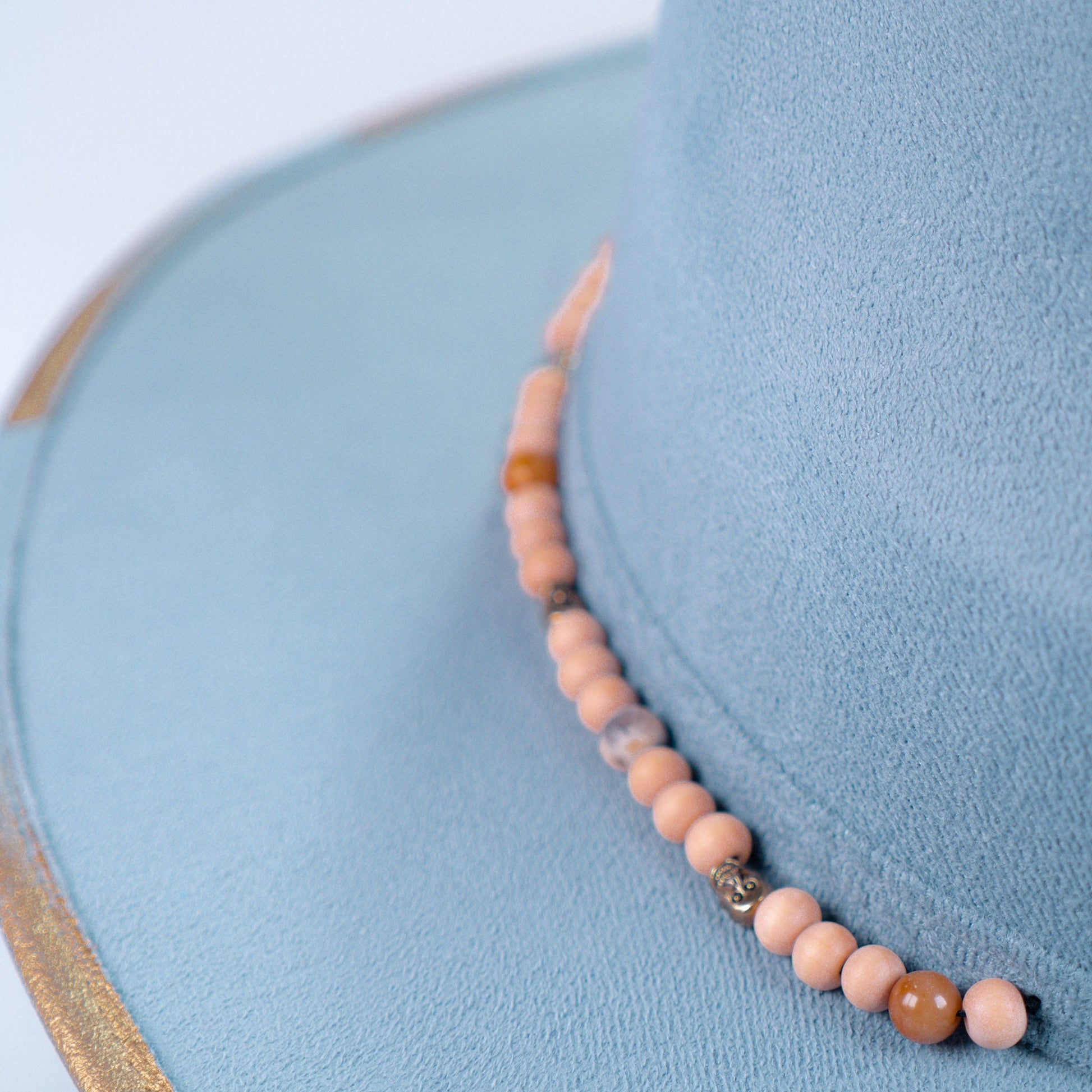 Aukala Hat Handcrafted Boho Skyway Hat – Serenity Blue Suede Fedora with Beaded Accents & Gold Details