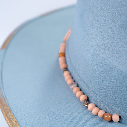 Aukala Hat Handcrafted Boho Skyway Hat – Serenity Blue Suede Fedora with Beaded Accents & Gold Details