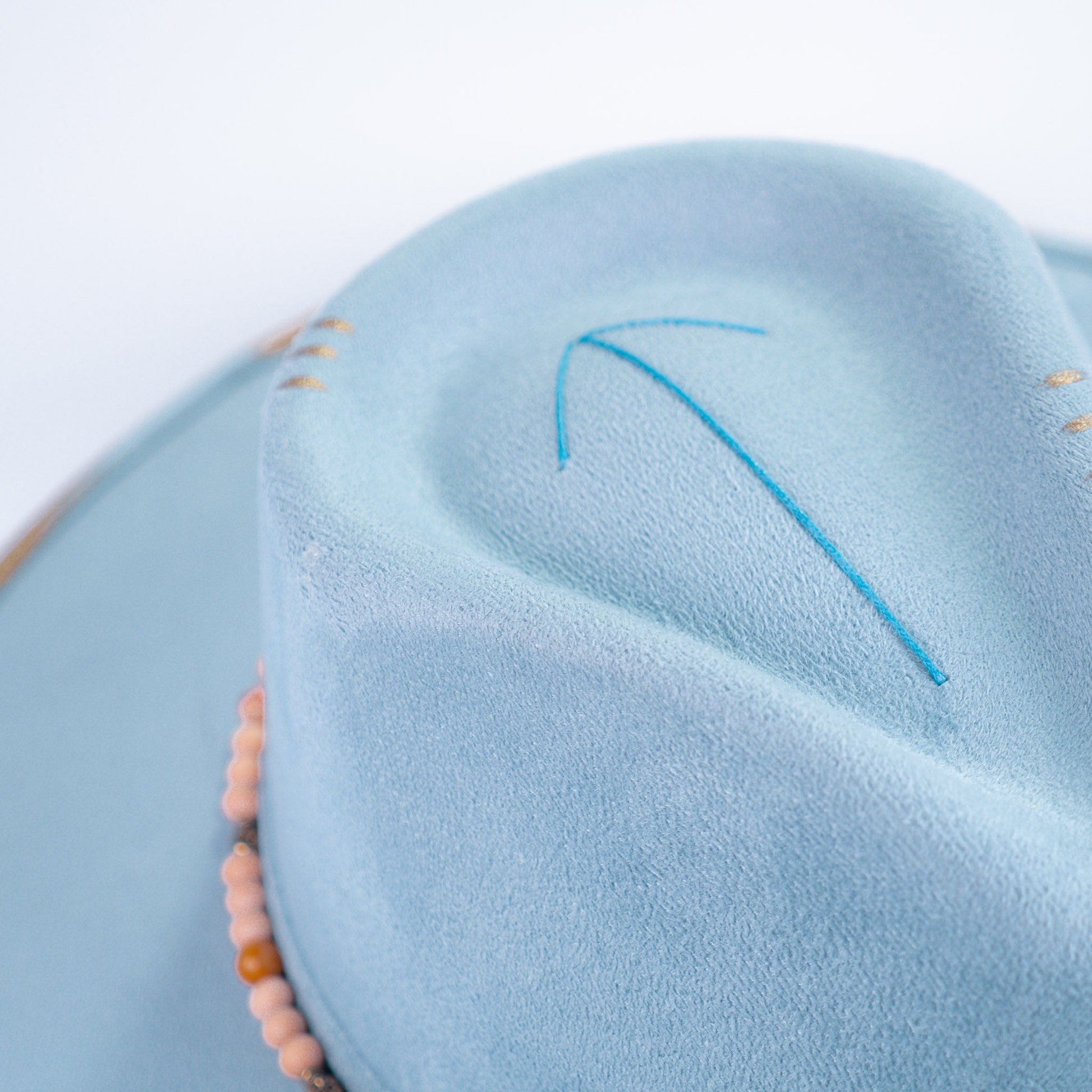 Aukala Hat Handcrafted Boho Skyway Hat – Serenity Blue Suede Fedora with Beaded Accents & Gold Details