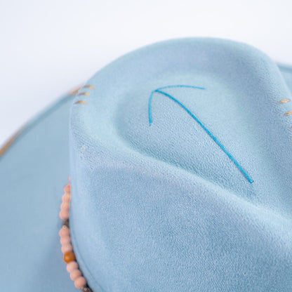 Aukala Hat Handcrafted Boho Skyway Hat – Serenity Blue Suede Fedora with Beaded Accents & Gold Details