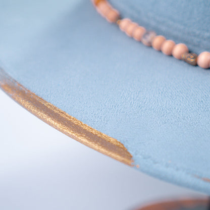 Aukala Hat Handcrafted Boho Skyway Hat – Serenity Blue Suede Fedora with Beaded Accents & Gold Details