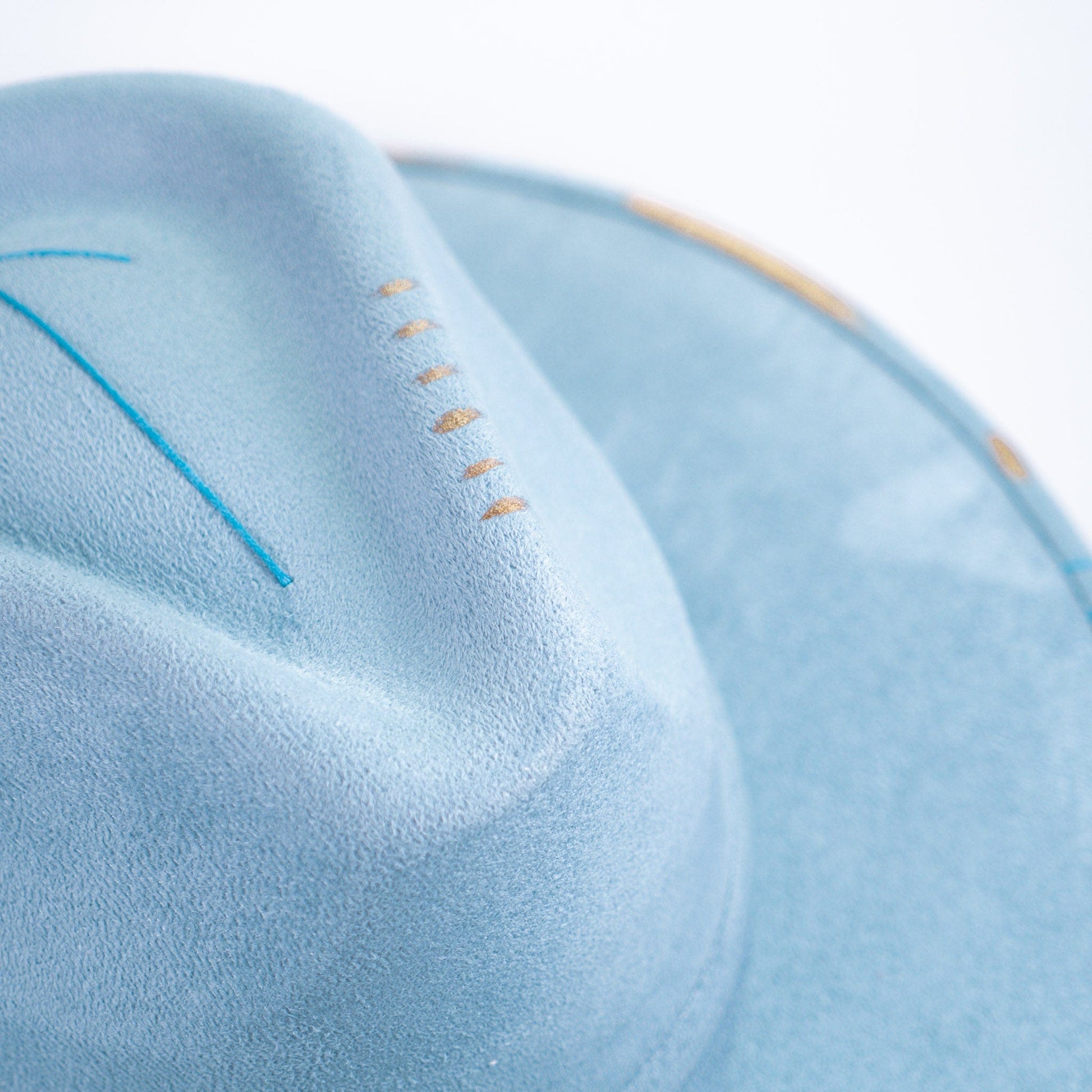Aukala Hat Handcrafted Boho Skyway Hat – Serenity Blue Suede Fedora with Beaded Accents & Gold Details