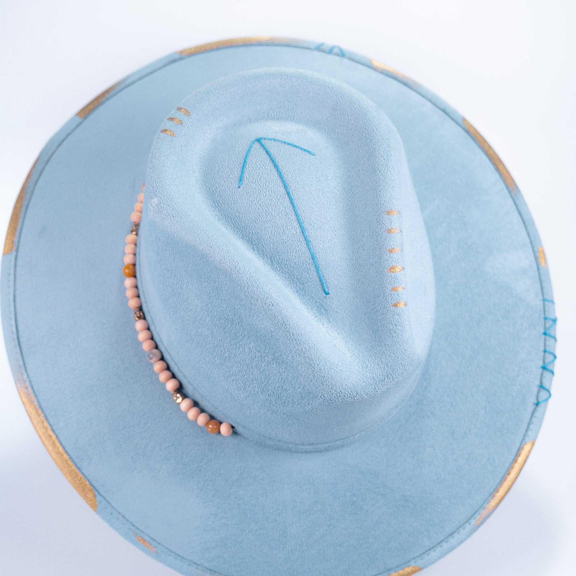 Aukala Hat Handcrafted Boho Skyway Hat – Serenity Blue Suede Fedora with Beaded Accents & Gold Details