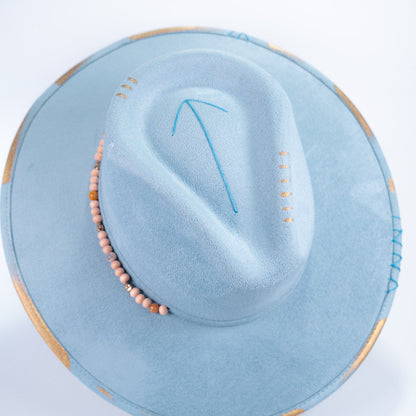 Aukala Hat Handcrafted Boho Skyway Hat – Serenity Blue Suede Fedora with Beaded Accents & Gold Details
