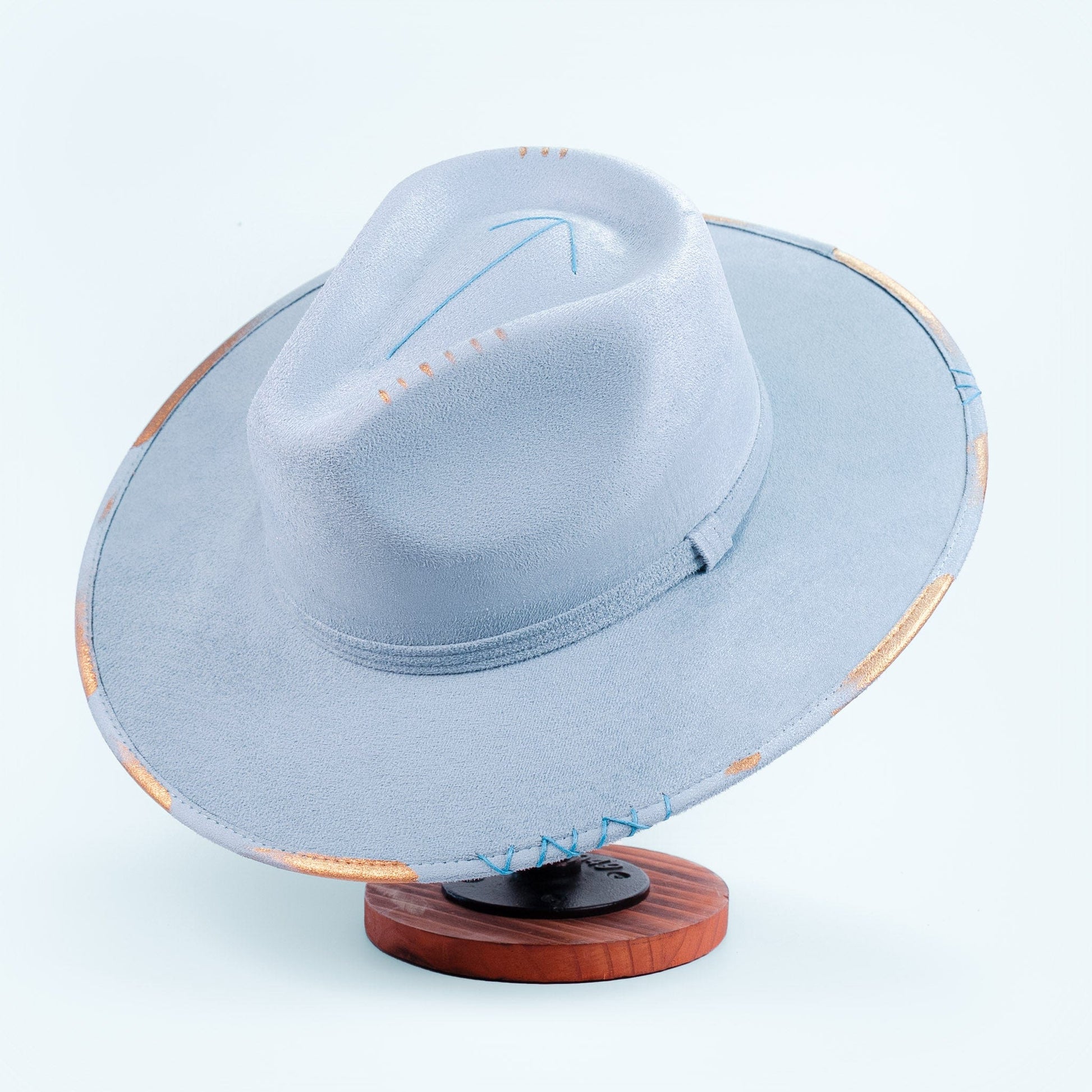 Aukala Hat Handcrafted Boho Skyway Hat – Serenity Blue Suede Fedora with Beaded Accents & Gold Details