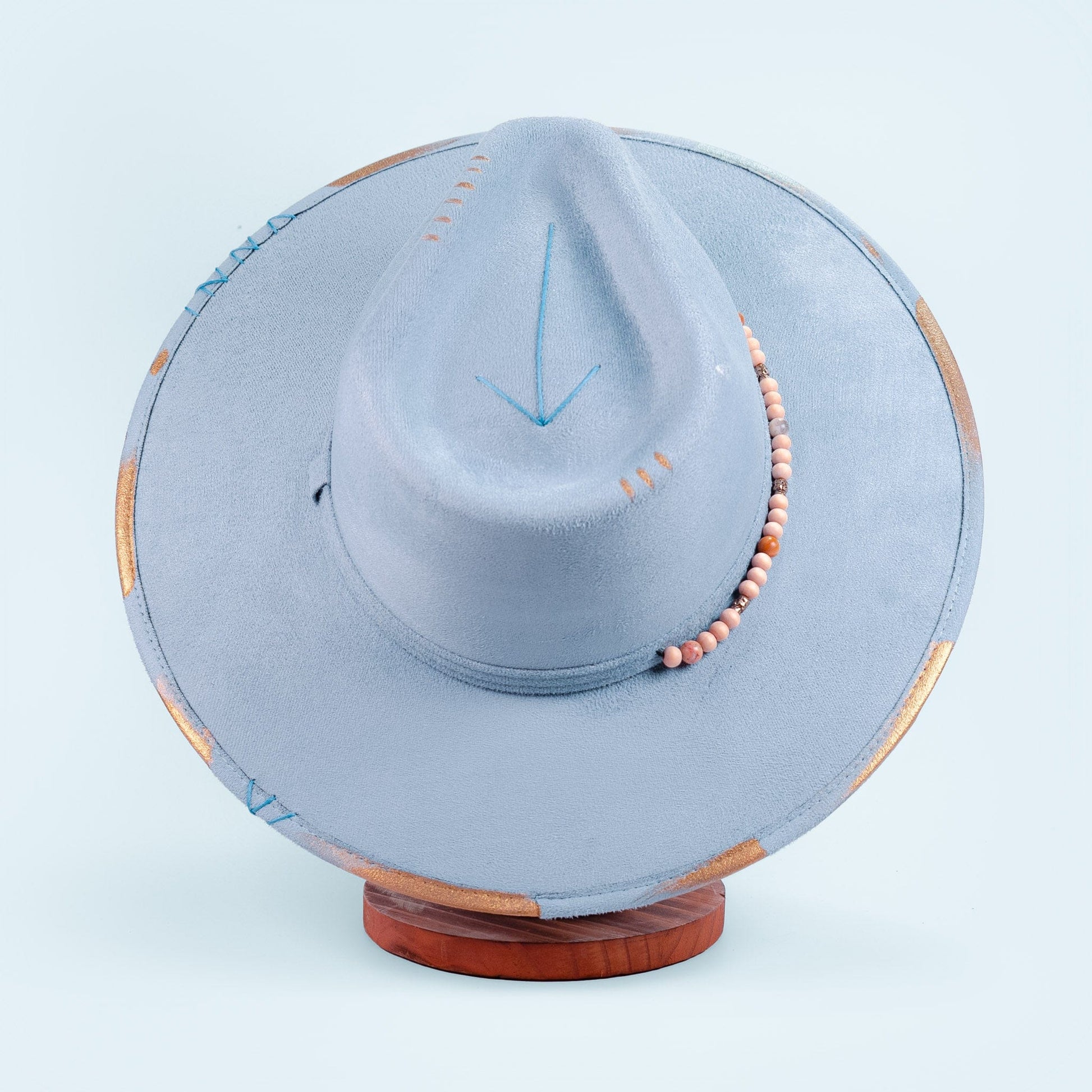 Aukala Hat Handcrafted Boho Skyway Hat – Serenity Blue Suede Fedora with Beaded Accents & Gold Details