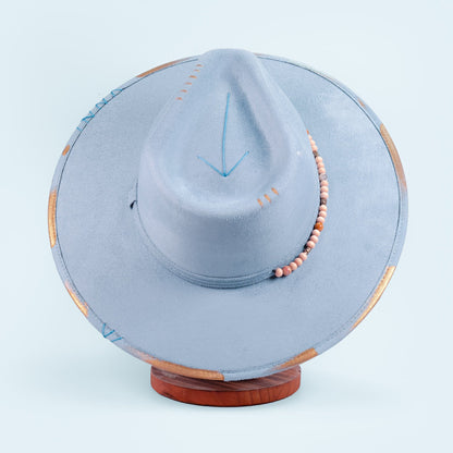 Aukala Hat Handcrafted Boho Skyway Hat – Serenity Blue Suede Fedora with Beaded Accents & Gold Details