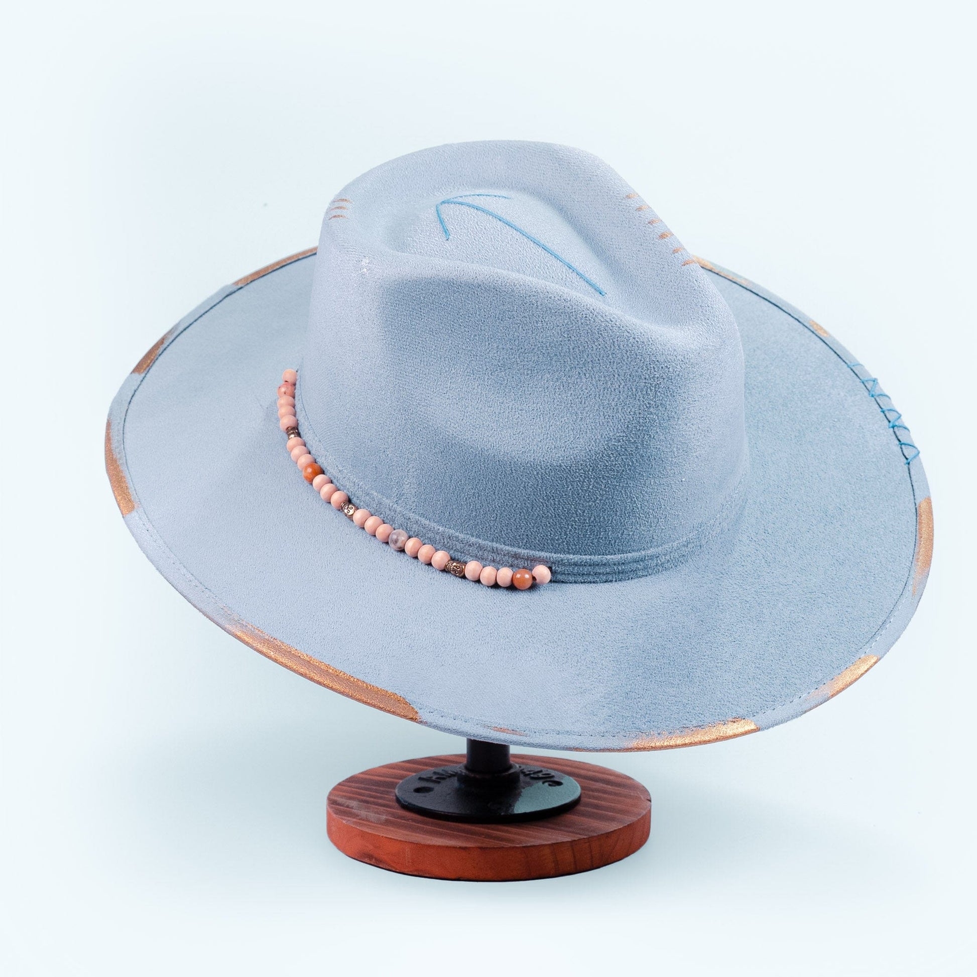 Aukala Hat Handcrafted Boho Skyway Hat – Serenity Blue Suede Fedora with Beaded Accents & Gold Details