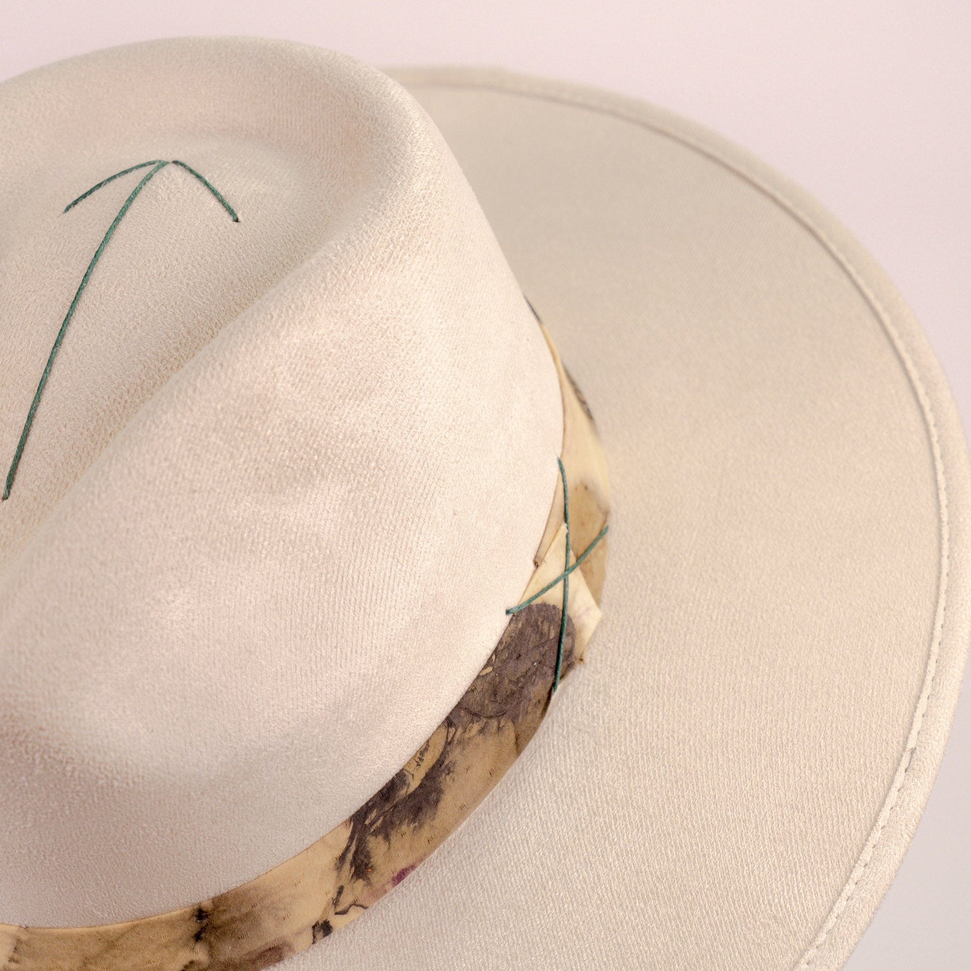 Aukala Hat Handcrafted Boho Solstice Dune Hat – Sand Suede Fedora with Ecoprinted Band & Arrow Stitching