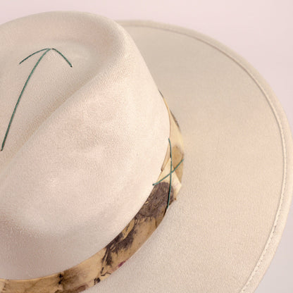 Aukala Hat Handcrafted Boho Solstice Dune Hat – Sand Suede Fedora with Ecoprinted Band & Arrow Stitching