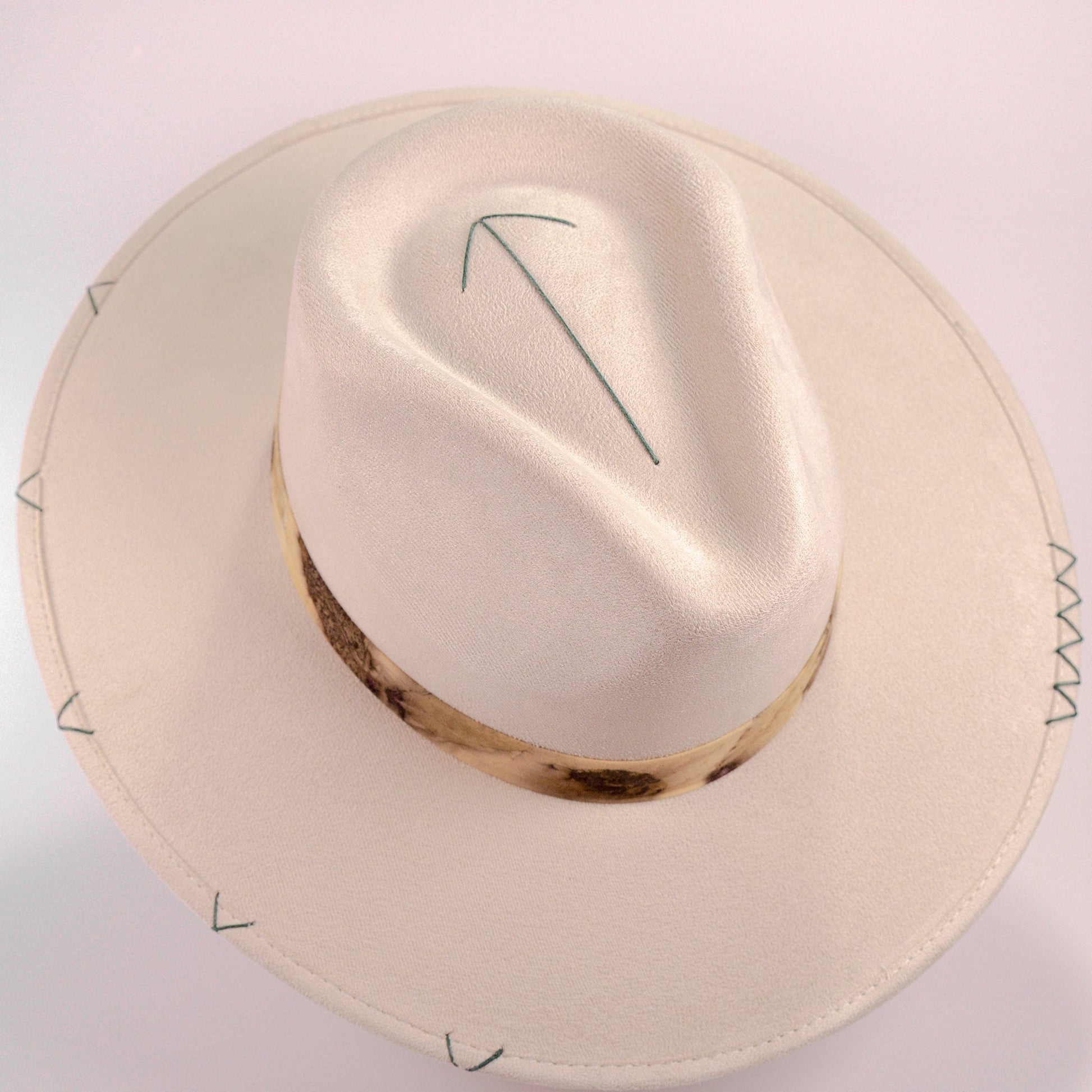 Aukala Hat Handcrafted Boho Solstice Dune Hat – Sand Suede Fedora with Ecoprinted Band & Arrow Stitching