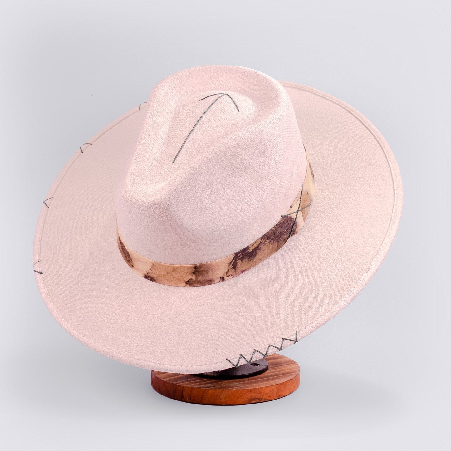 Aukala Hat Handcrafted Boho Solstice Dune Hat – Sand Suede Fedora with Ecoprinted Band & Arrow Stitching