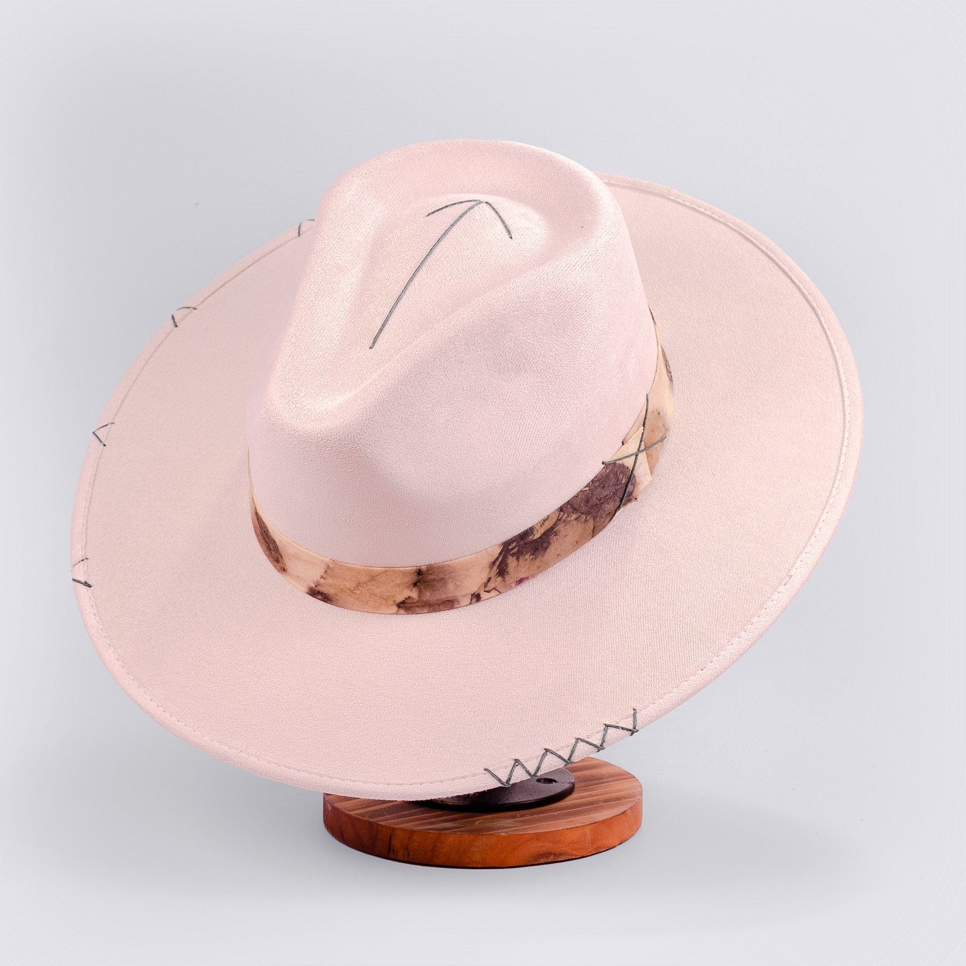 Aukala Hat Handcrafted Boho Solstice Dune Hat – Sand Suede Fedora with Ecoprinted Band & Arrow Stitching