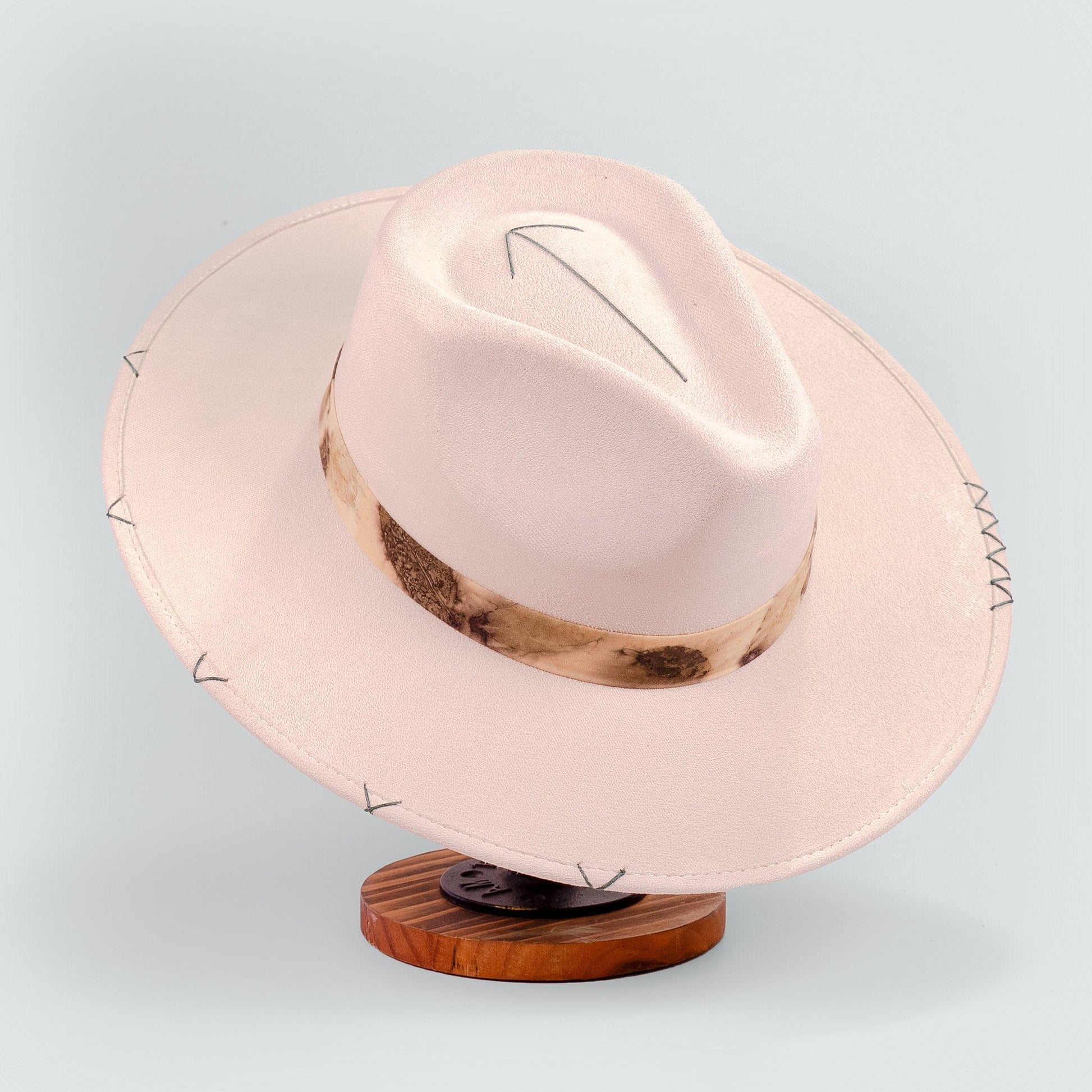 Aukala Hat Handcrafted Boho Solstice Dune Hat – Sand Suede Fedora with Ecoprinted Band & Arrow Stitching