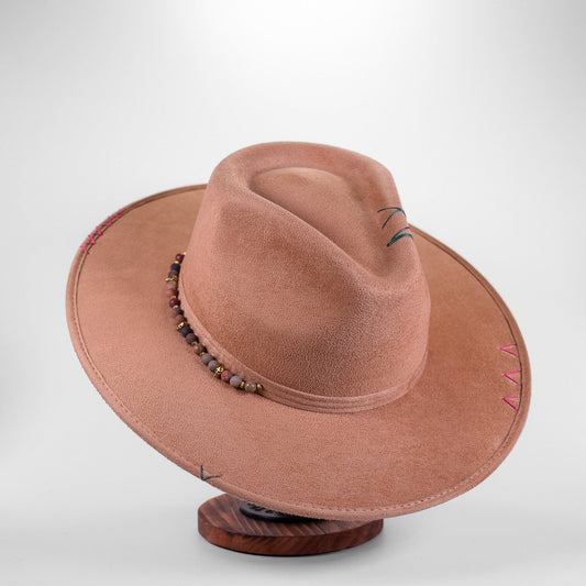 Aukala Hat Handcrafted Boho Sunrise – Blush Suede Fedora with Artisan Stitches