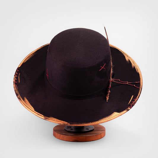 Aukala Hat Handcrafted Boho Tonatiuh Águila Hat – Black Suede Fedora with Gold Brushstrokes & Feather Accent