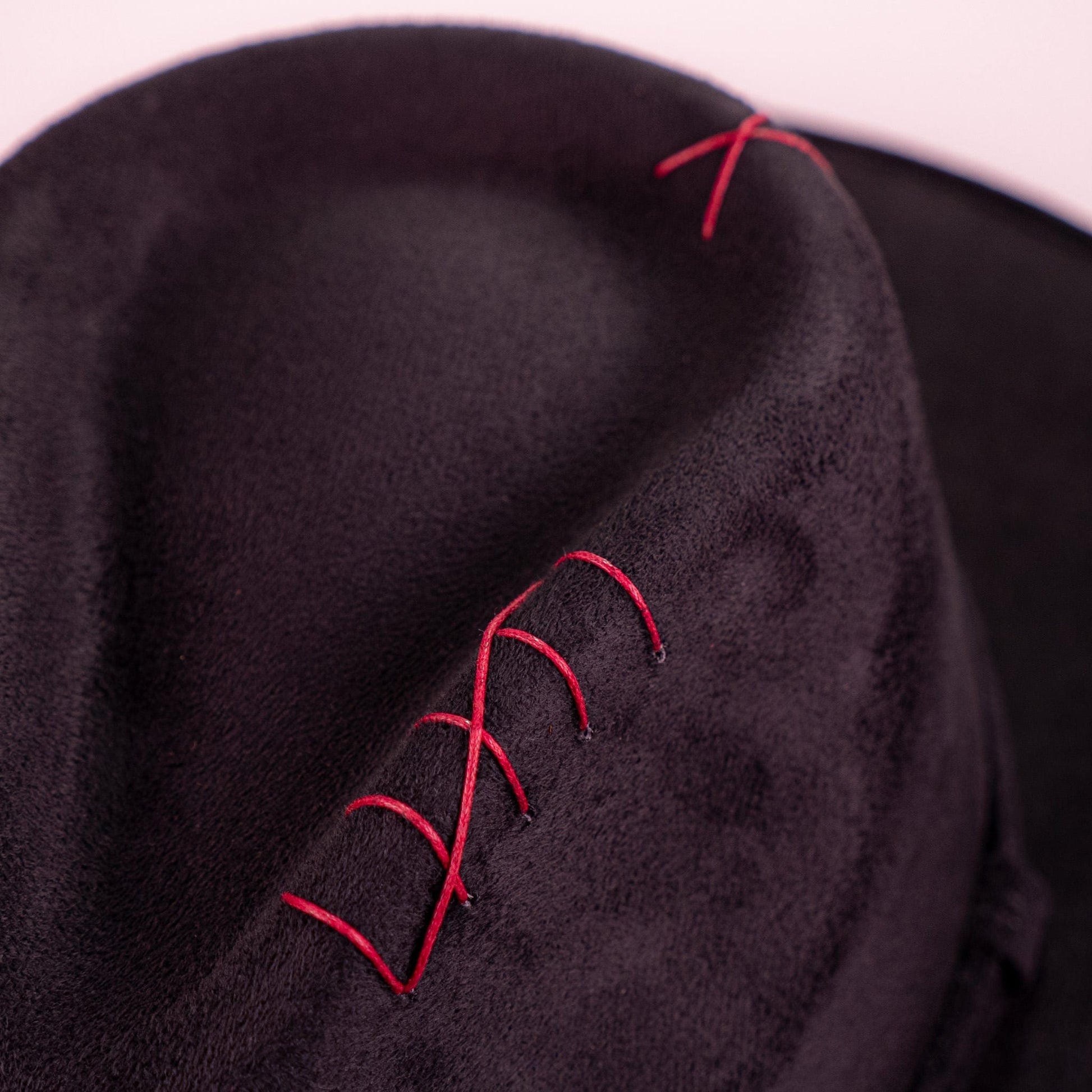 Aukala Hat Handcrafted Boho Xibalbá Rojo Hat – Black Suede Fedora with Red Stitching & Beaded Accent