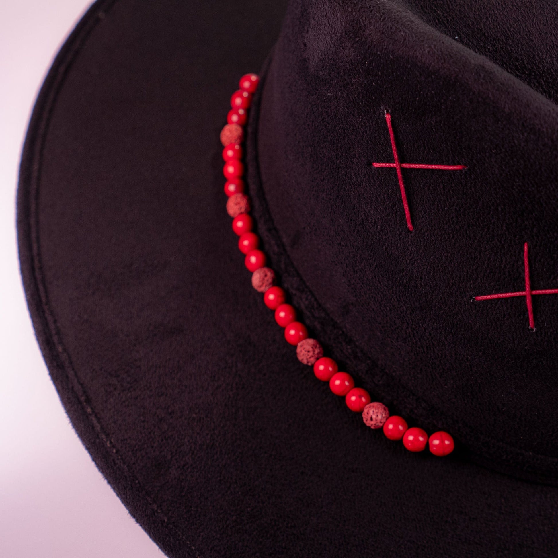 Aukala Hat Handcrafted Boho Xibalbá Rojo Hat – Black Suede Fedora with Red Stitching & Beaded Accent