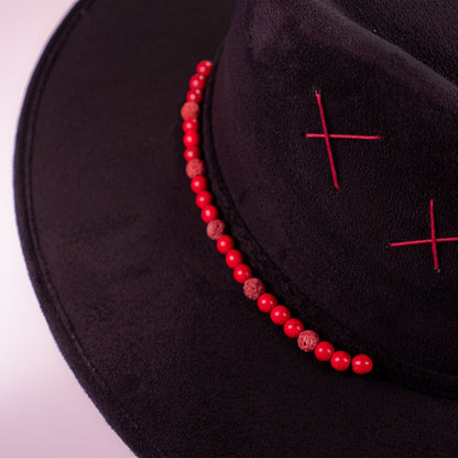 Aukala Hat Handcrafted Boho Xibalbá Rojo Hat – Black Suede Fedora with Red Stitching & Beaded Accent