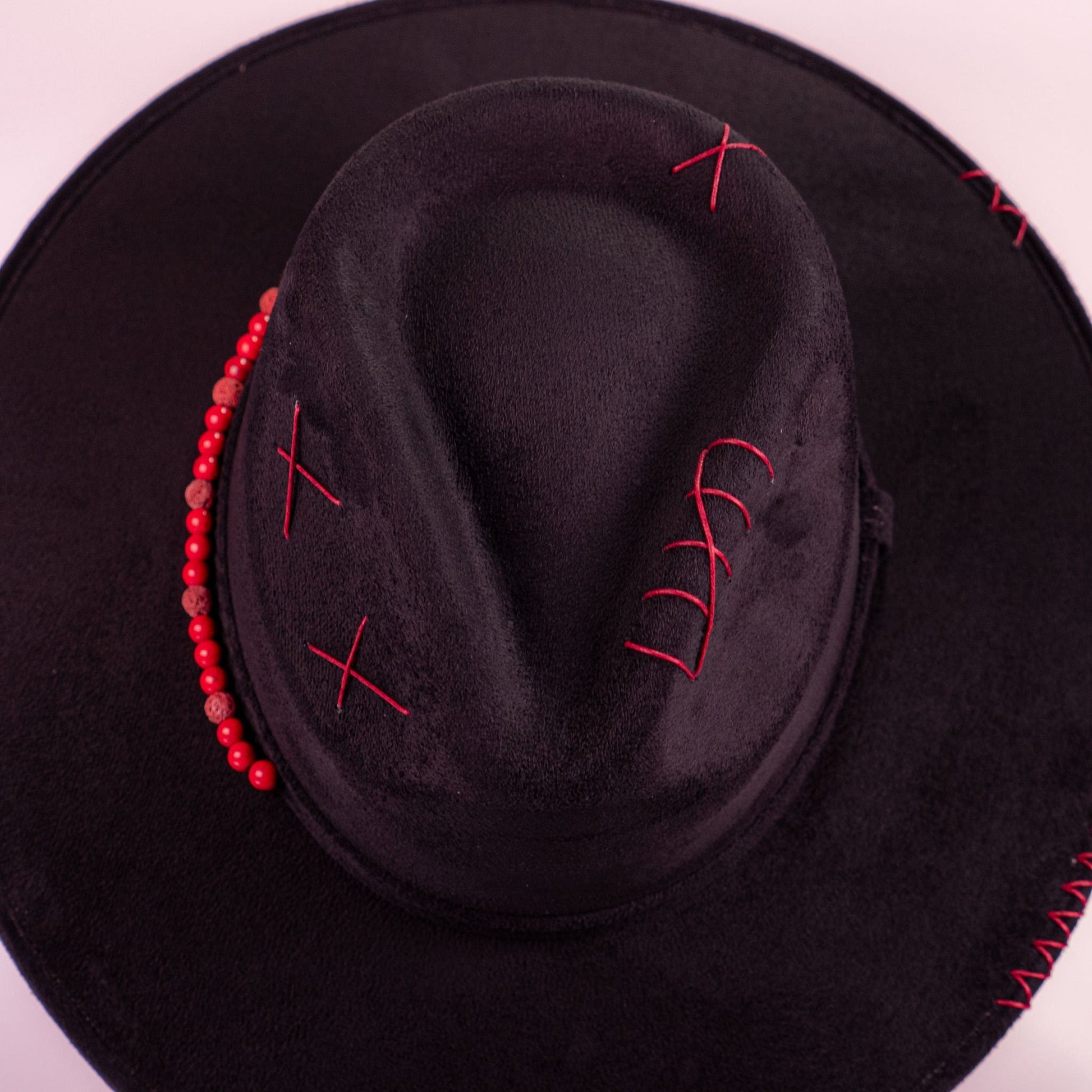 Aukala Hat Handcrafted Boho Xibalbá Rojo Hat – Black Suede Fedora with Red Stitching & Beaded Accent