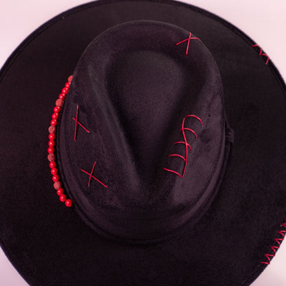 Aukala Hat Handcrafted Boho Xibalbá Rojo Hat – Black Suede Fedora with Red Stitching & Beaded Accent
