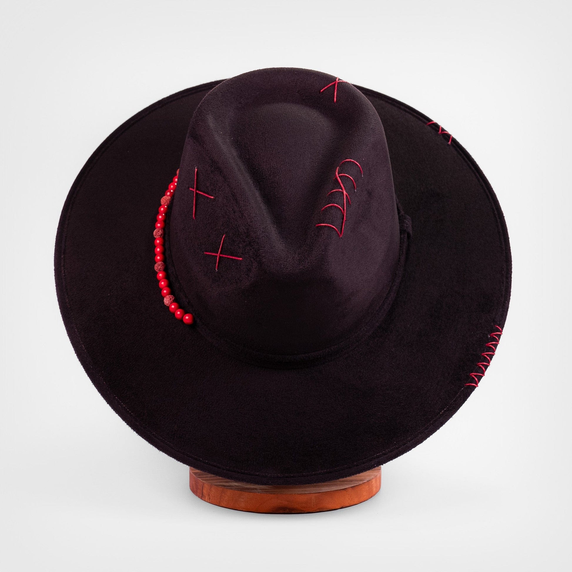 Aukala Hat Handcrafted Boho Xibalbá Rojo Hat – Black Suede Fedora with Red Stitching & Beaded Accent