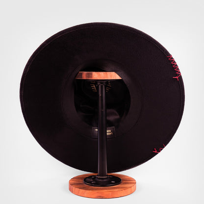 Aukala Hat Handcrafted Boho Xibalbá Rojo Hat – Black Suede Fedora with Red Stitching & Beaded Accent