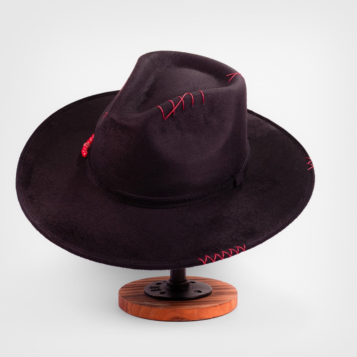 Aukala Hat Handcrafted Boho Xibalbá Rojo Hat – Black Suede Fedora with Red Stitching & Beaded Accent