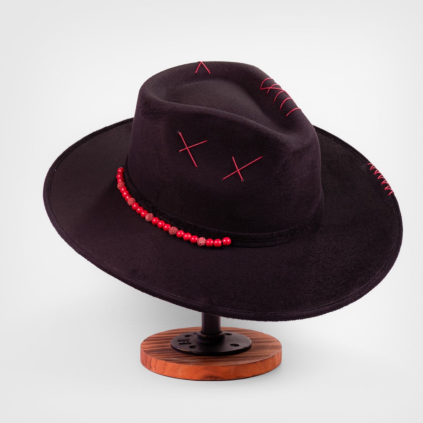 Aukala Hat Handcrafted Boho Xibalbá Rojo Hat – Black Suede Fedora with Red Stitching & Beaded Accent