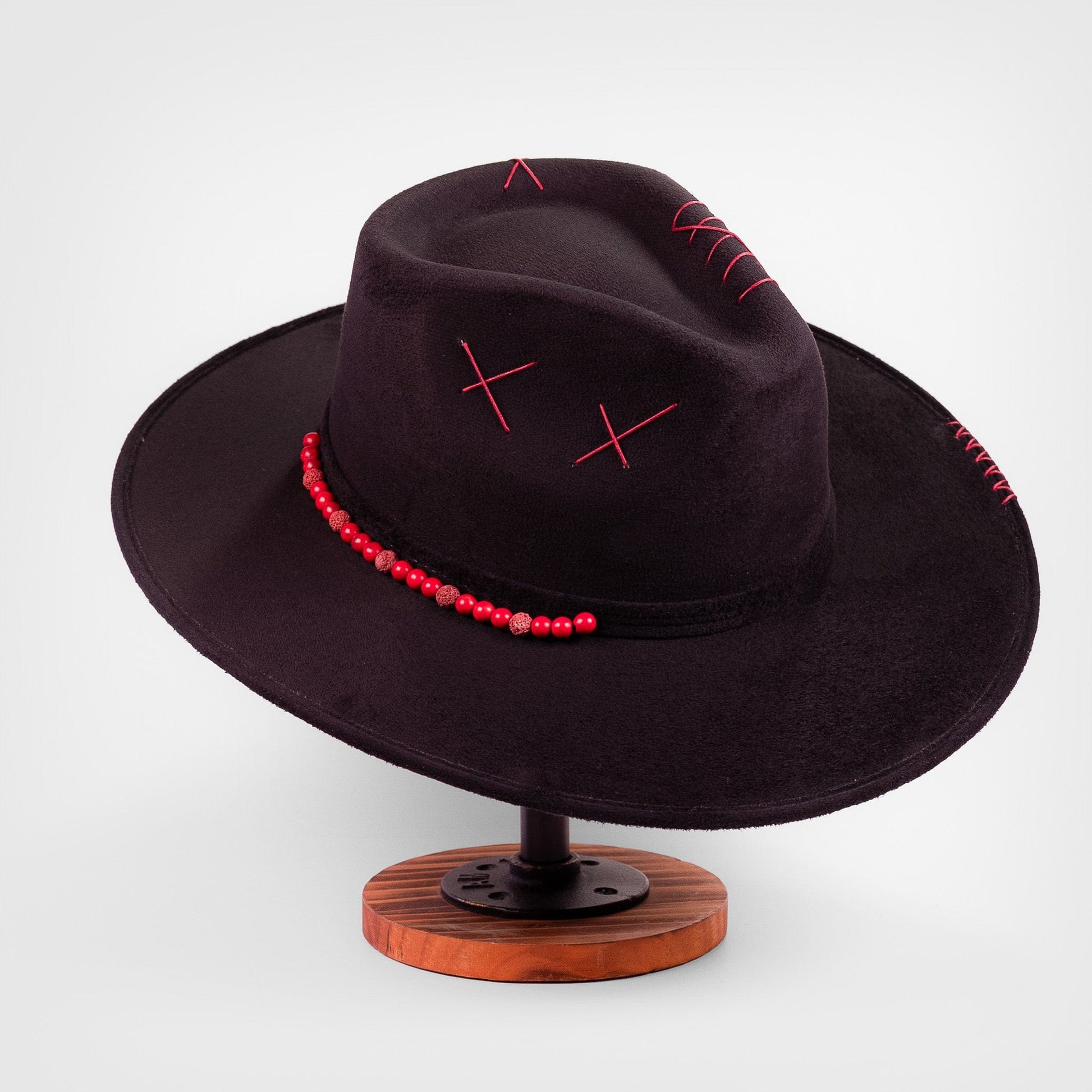 Aukala Hat Handcrafted Boho Xibalbá Rojo Hat – Black Suede Fedora with Red Stitching & Beaded Accent
