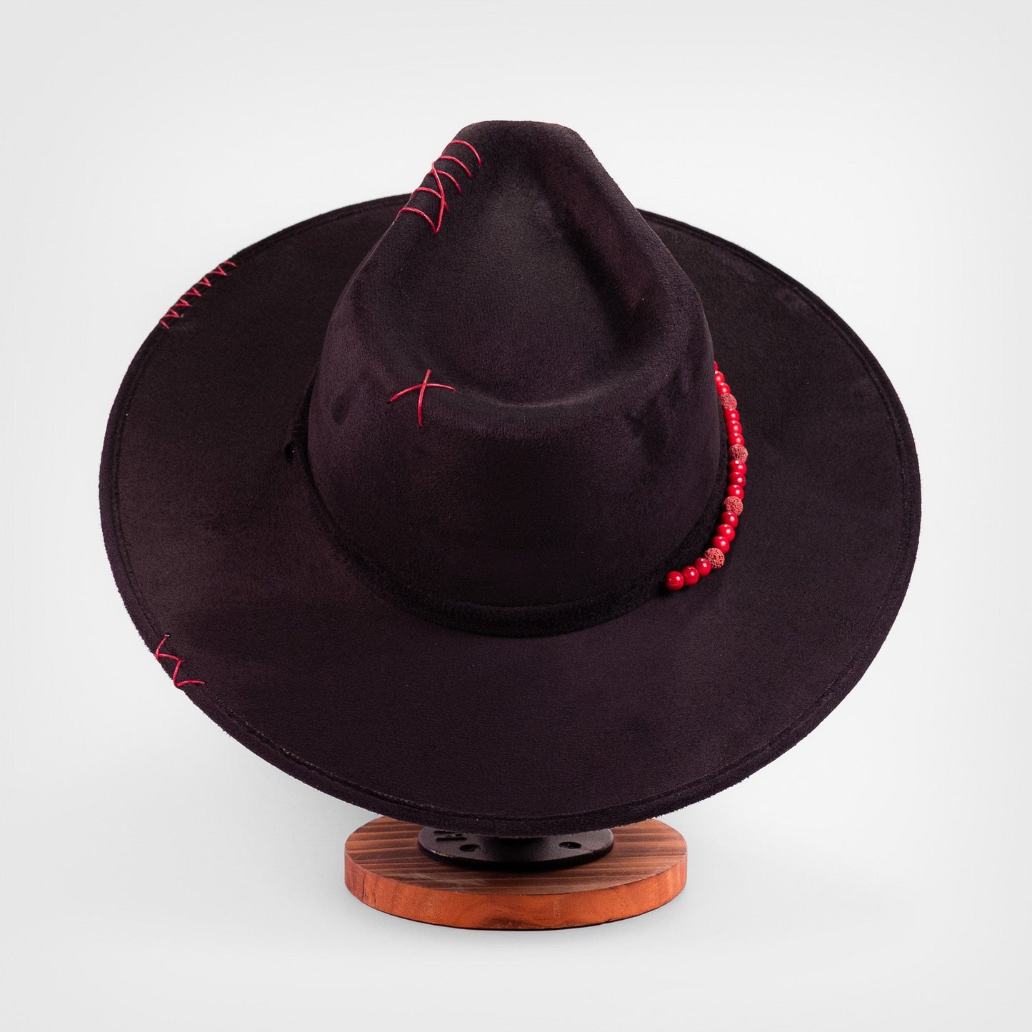 Aukala Hat Handcrafted Boho Xibalbá Rojo Hat – Black Suede Fedora with Red Stitching & Beaded Accent