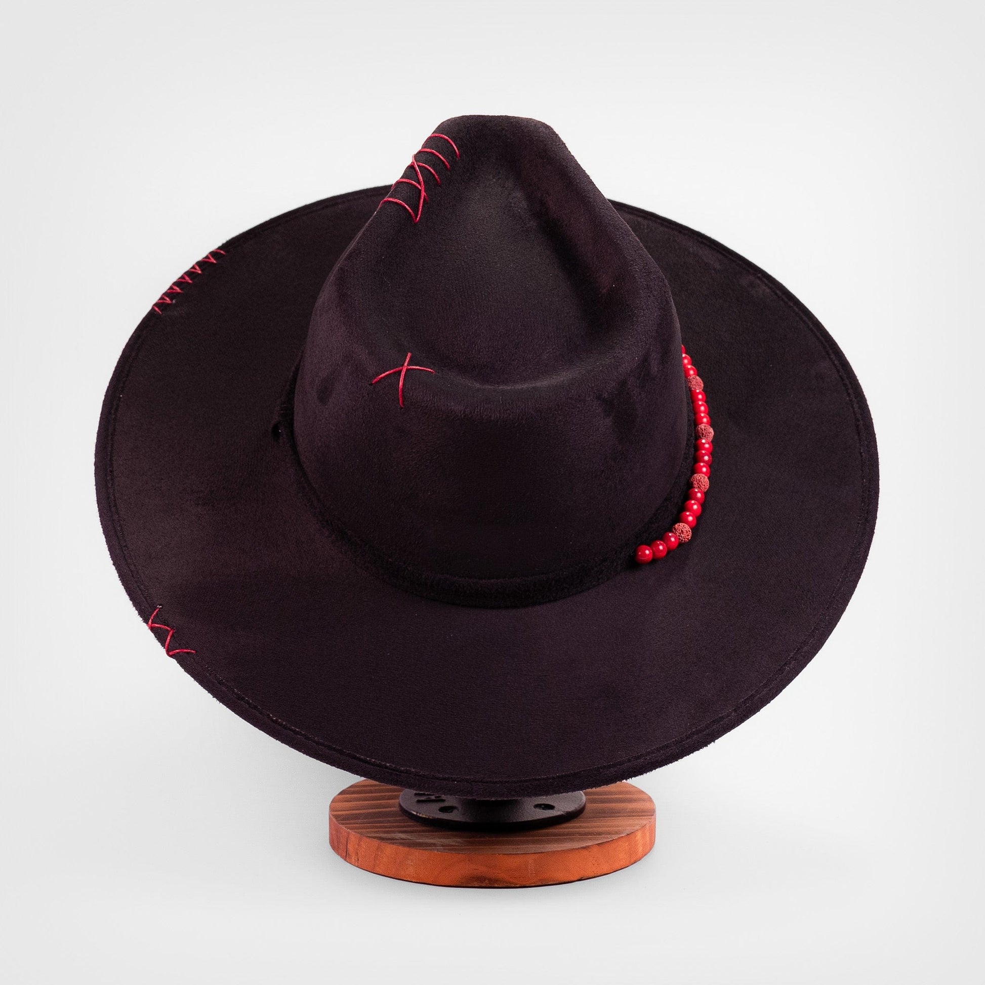 Aukala Hat Handcrafted Boho Xibalbá Rojo Hat – Black Suede Fedora with Red Stitching & Beaded Accent