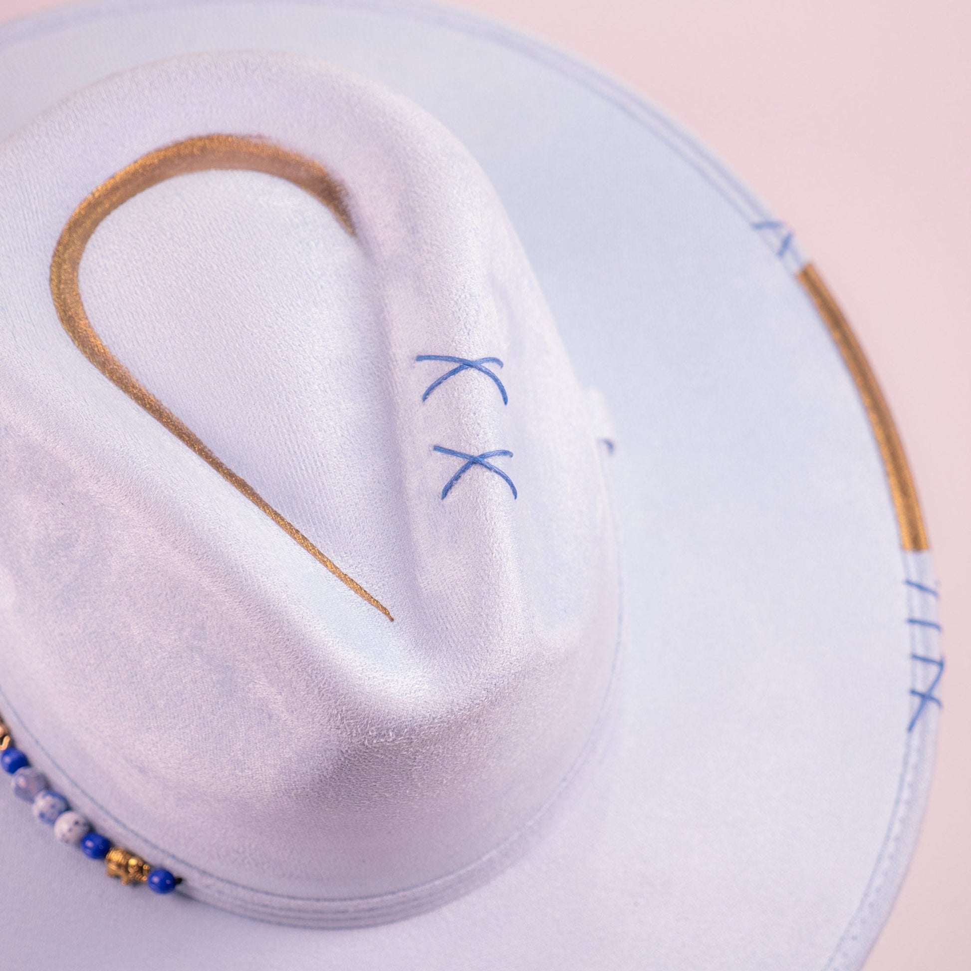 Aukala Hat Handcrafted Boho Yaku Sky Hat – Sky Blue Suede Fedora with Gold Trim & Beaded Accent