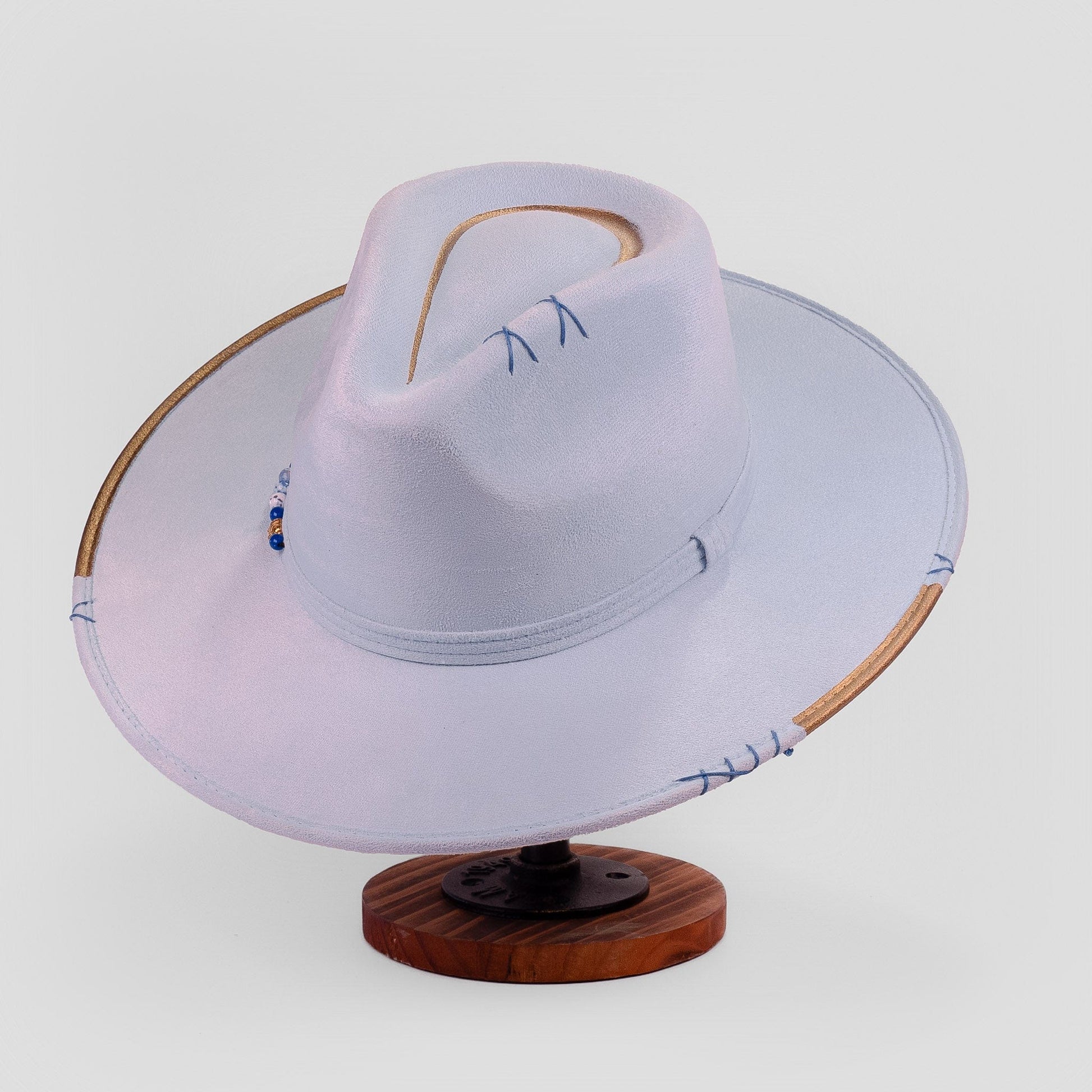 Aukala Hat Handcrafted Boho Yaku Sky Hat – Sky Blue Suede Fedora with Gold Trim & Beaded Accent