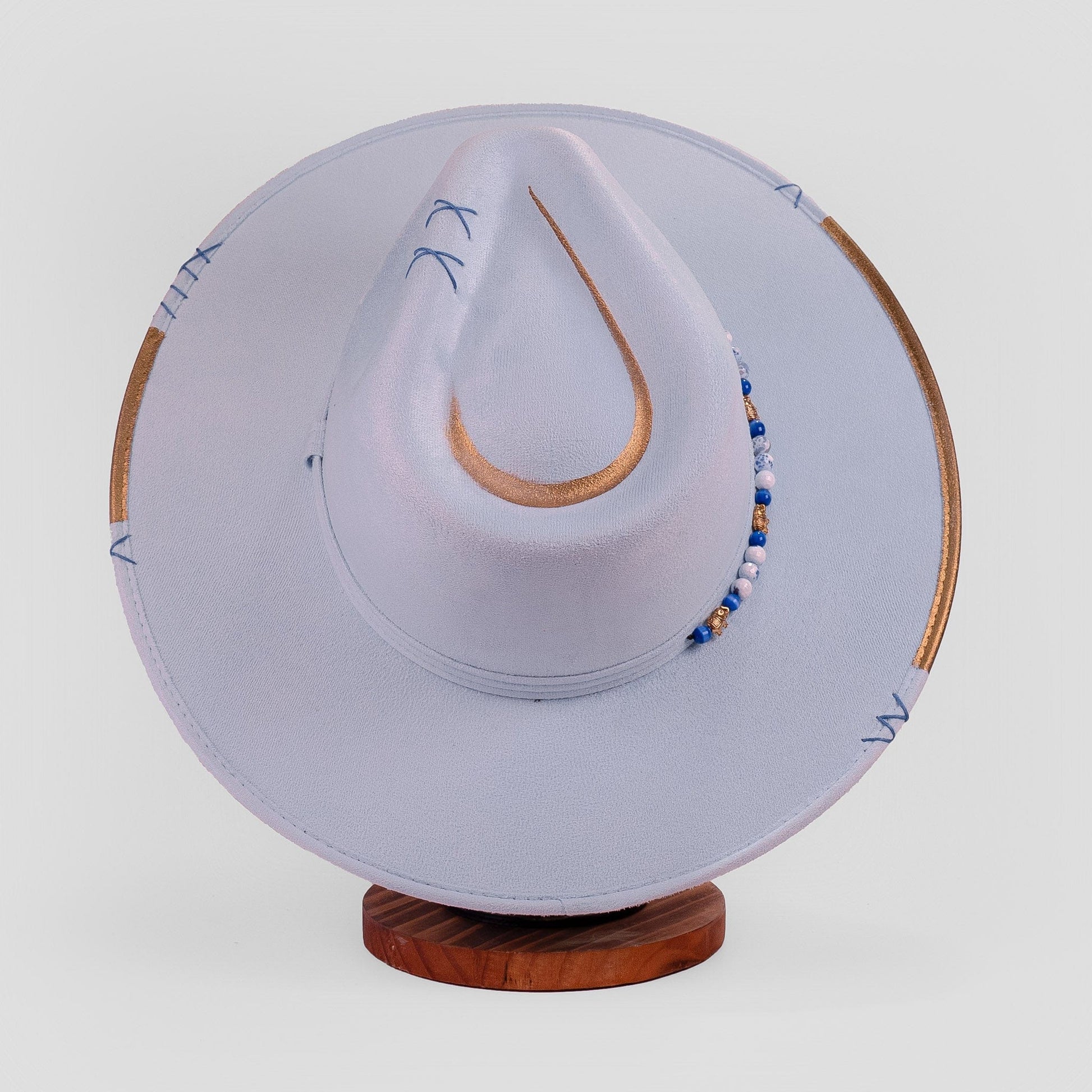 Aukala Hat Handcrafted Boho Yaku Sky Hat – Sky Blue Suede Fedora with Gold Trim & Beaded Accent