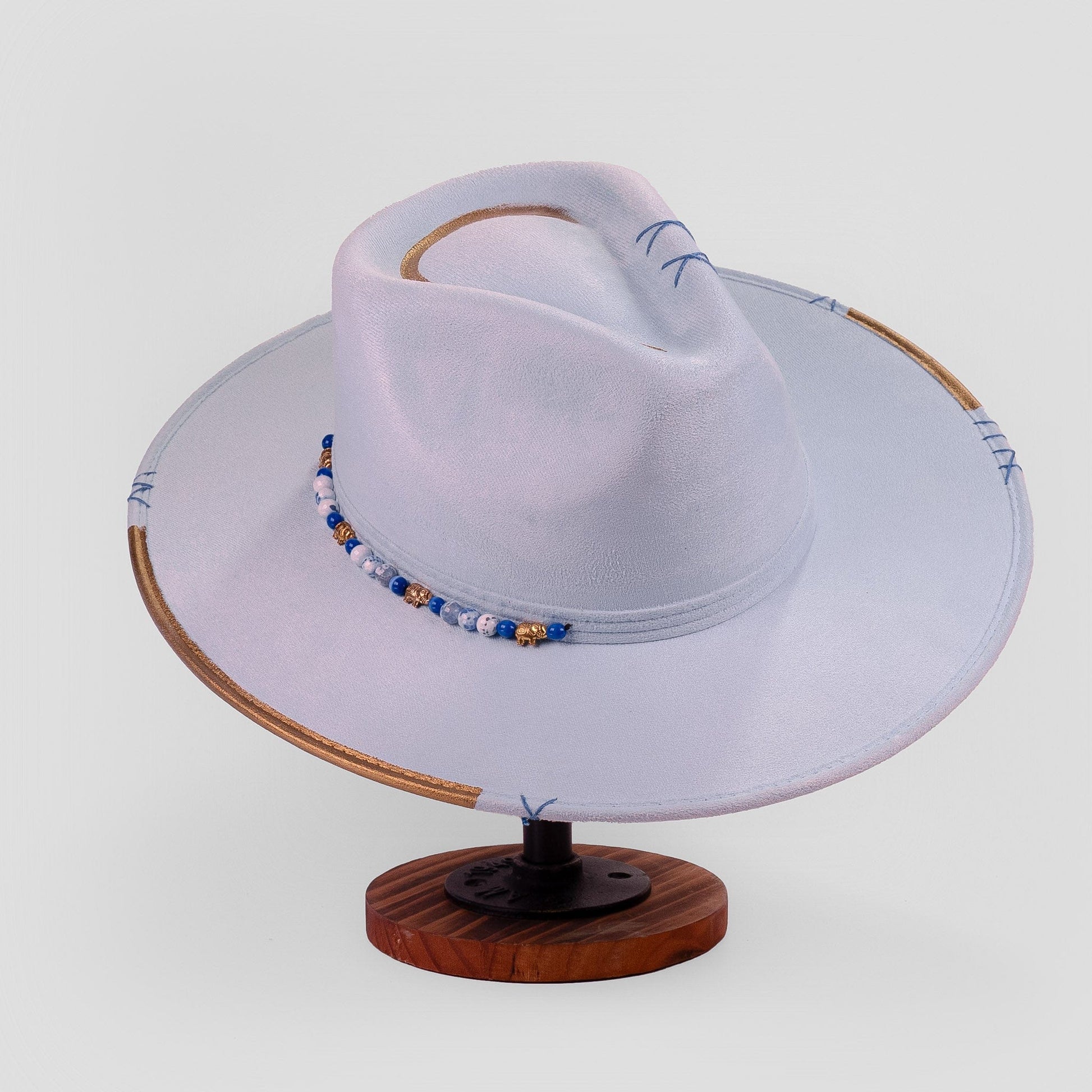 Aukala Hat Handcrafted Boho Yaku Sky Hat – Sky Blue Suede Fedora with Gold Trim & Beaded Accent