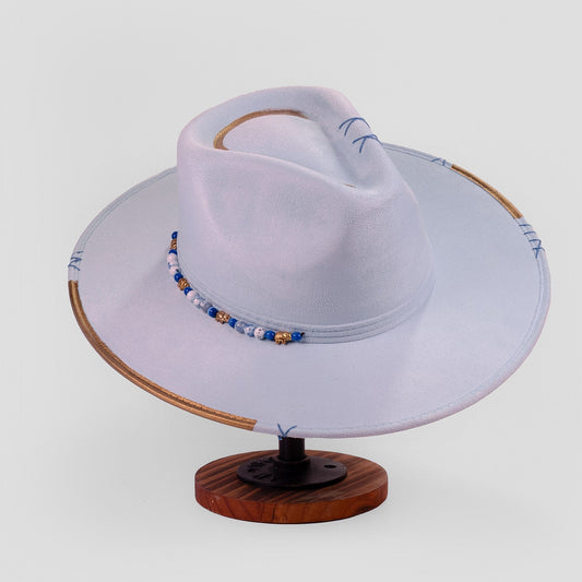 Aukala Hat Handcrafted Boho Yaku Sky Hat – Sky Blue Suede Fedora with Gold Trim & Beaded Accent