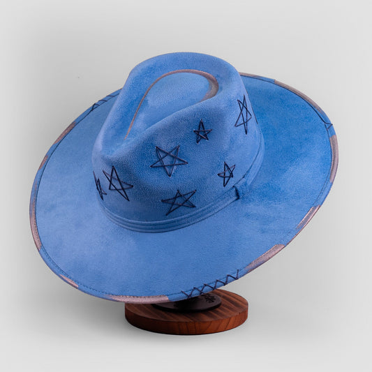 Aukala Hat Handcrafted Celestial Blue Suede Hat – Starry Boho Western Fedora with Gold Trim